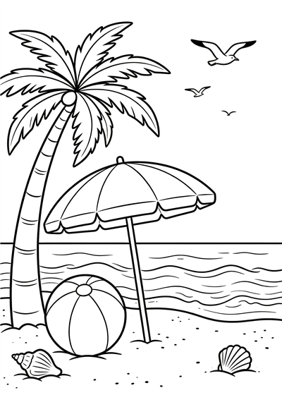 Beach coloring page - free printable PDF